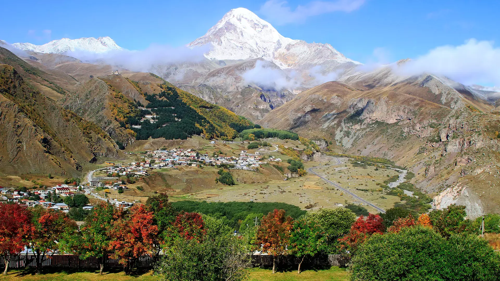 Gergeti Trinity Church with Mount Kazbek in the background